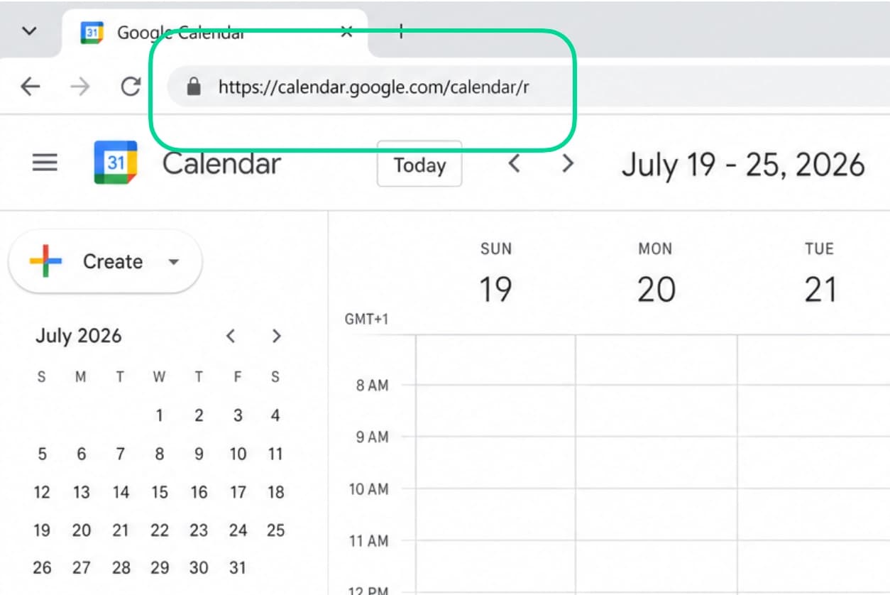Browser address bar showing Google Calendar at https://calendar.google.com/calendar/r