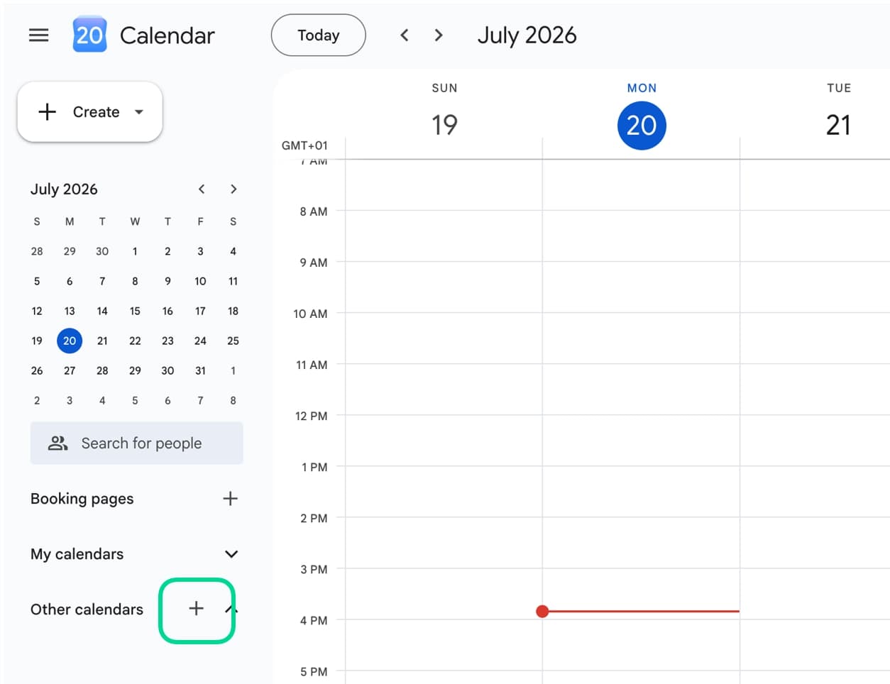 Google Calendar Other calendars section with the plus icon visible