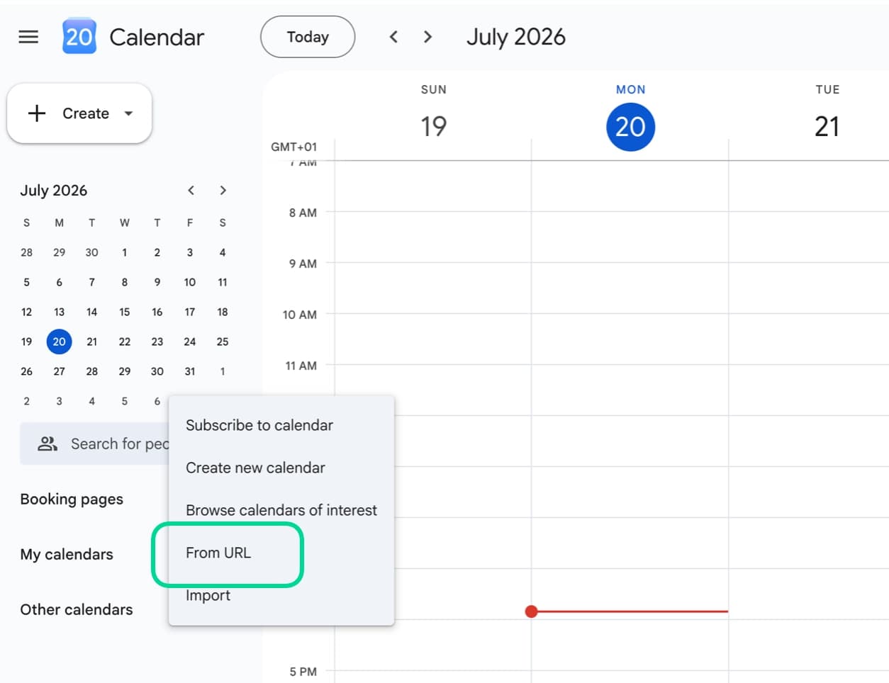 Google Calendar Other calendars menu with From URL as an option