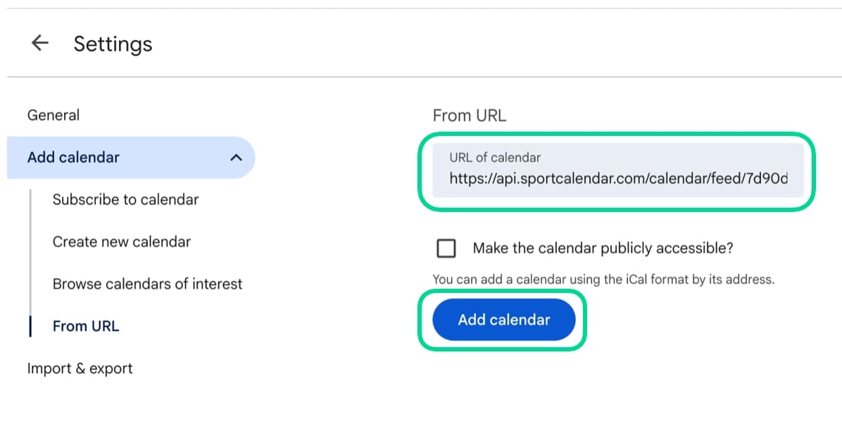 Google Calendar From URL screen with the calendar URL field and Add calendar button