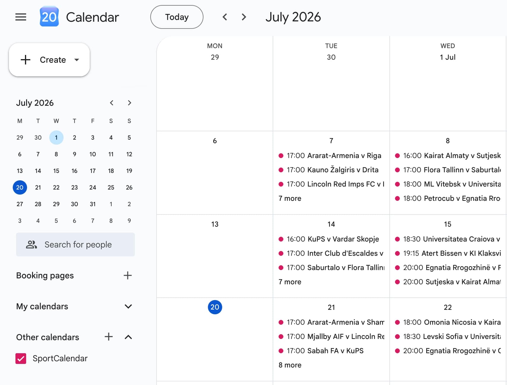 Google Calendar showing SportCalendar fixture entries after the subscription has been added