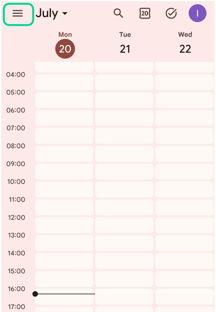 Google Calendar mobile app with the main menu button visible