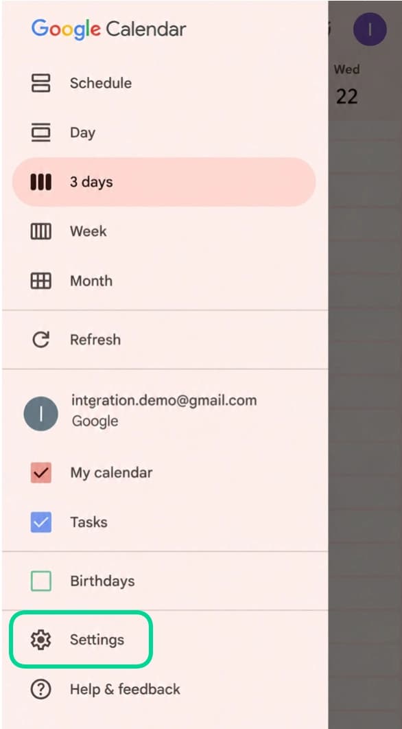 Google Calendar mobile menu showing the Settings option