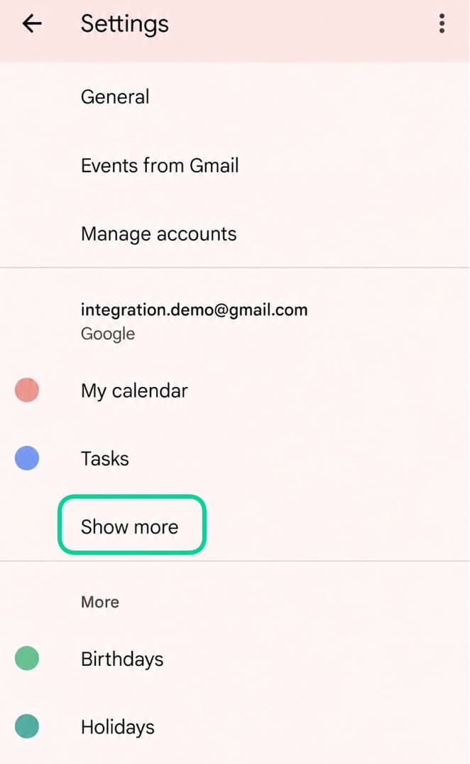 Google Calendar mobile settings showing the Show more option