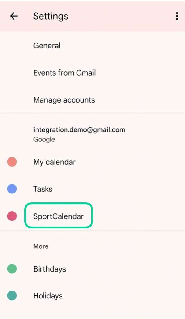 Google Calendar mobile settings showing SportCalendar as a calendar option