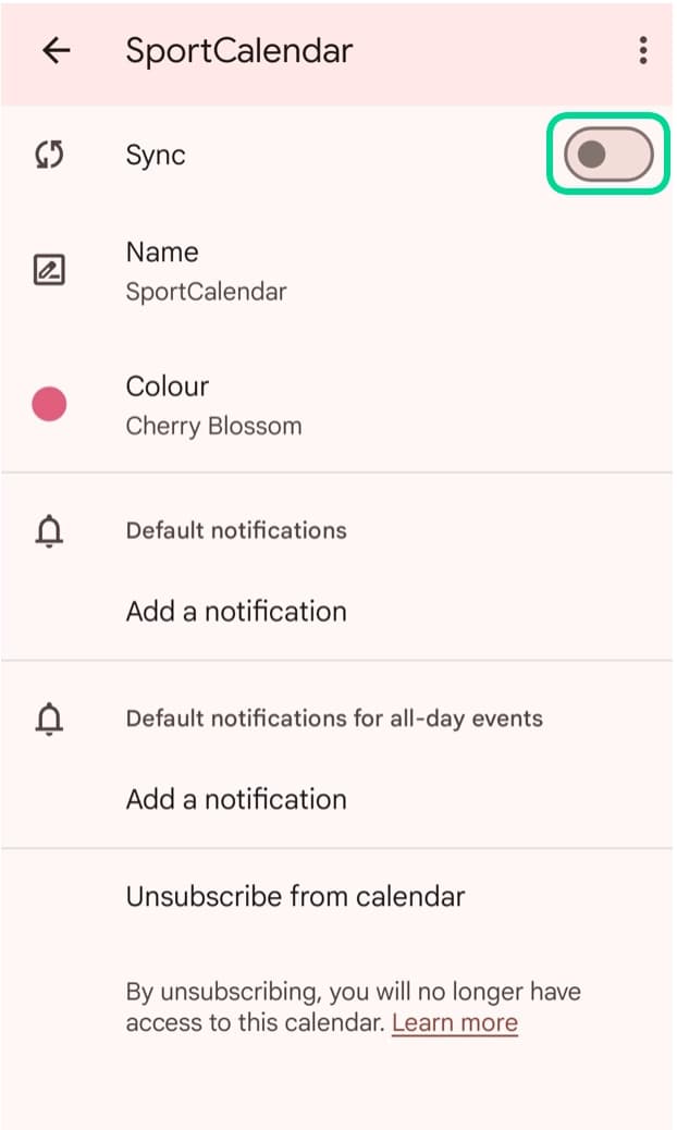 SportCalendar calendar settings in Google Calendar with Sync switched off