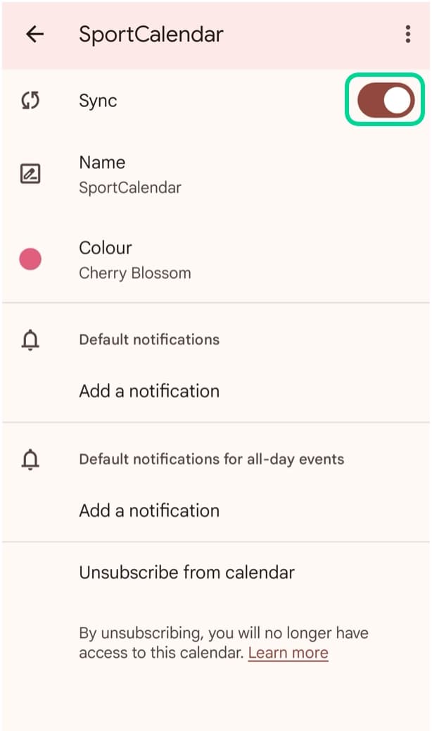 SportCalendar calendar settings in Google Calendar with Sync switched on