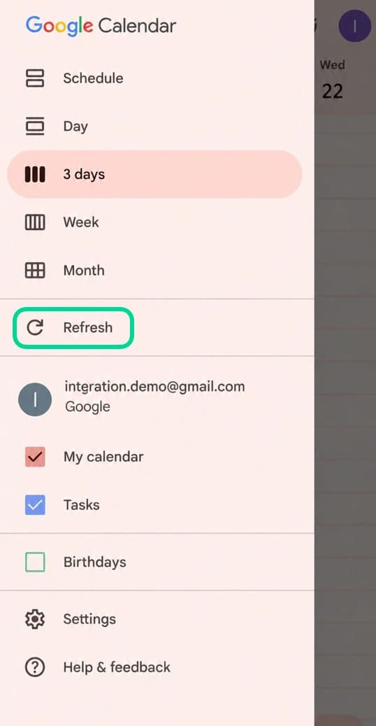 Google Calendar mobile app menu showing the Refresh action
