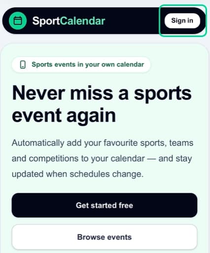 SportCalendar sign-in page with the Sign in button highlighted