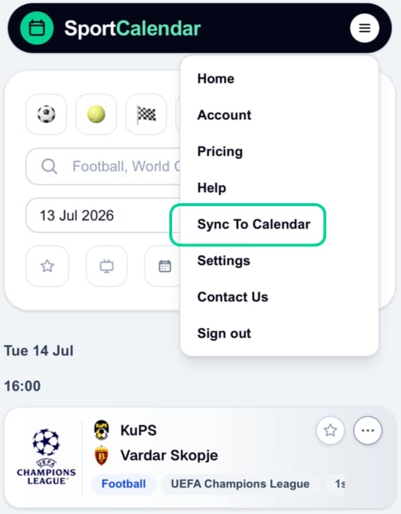 SportCalendar account menu with Sync To Calendar highlighted