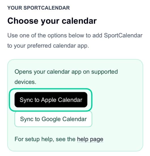 Sync to Calendar page with the Sync to Apple Calendar button highlighted