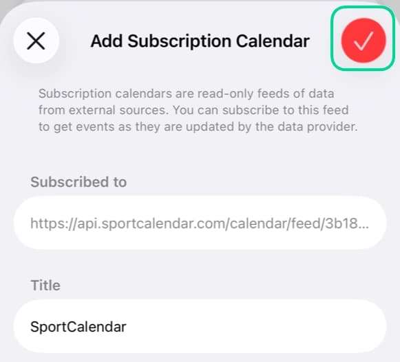 Apple Calendar Add Subscription Calendar prompt with the confirm button highlighted