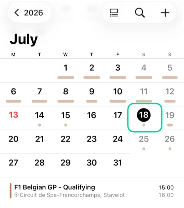 Apple Calendar month view showing SportCalendar fixtures on July 18