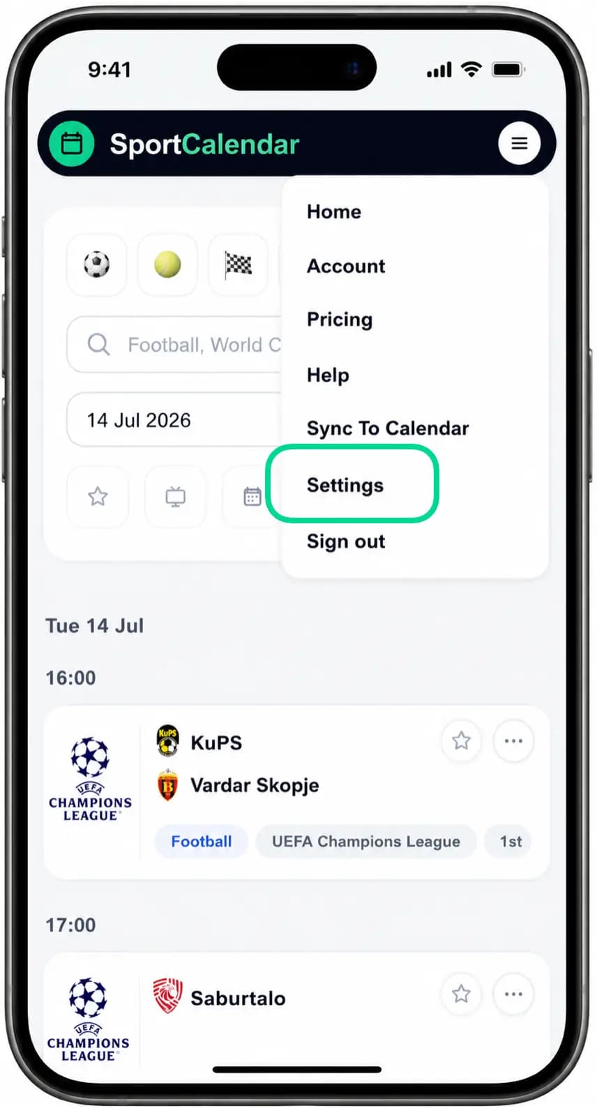 SportCalendar settings navigation with the relevant settings option highlighted