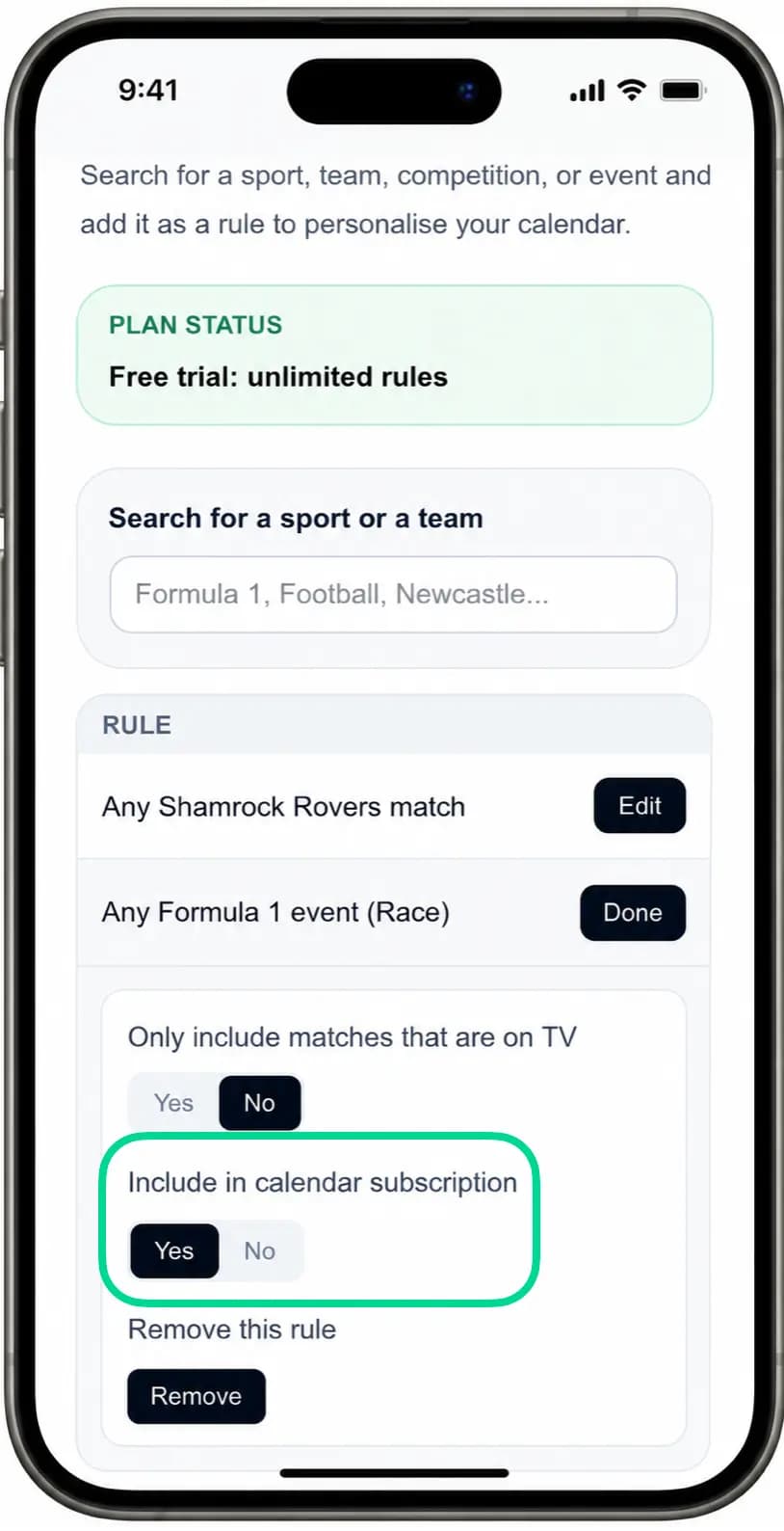 SportCalendar calendar filters showing which fixtures are included