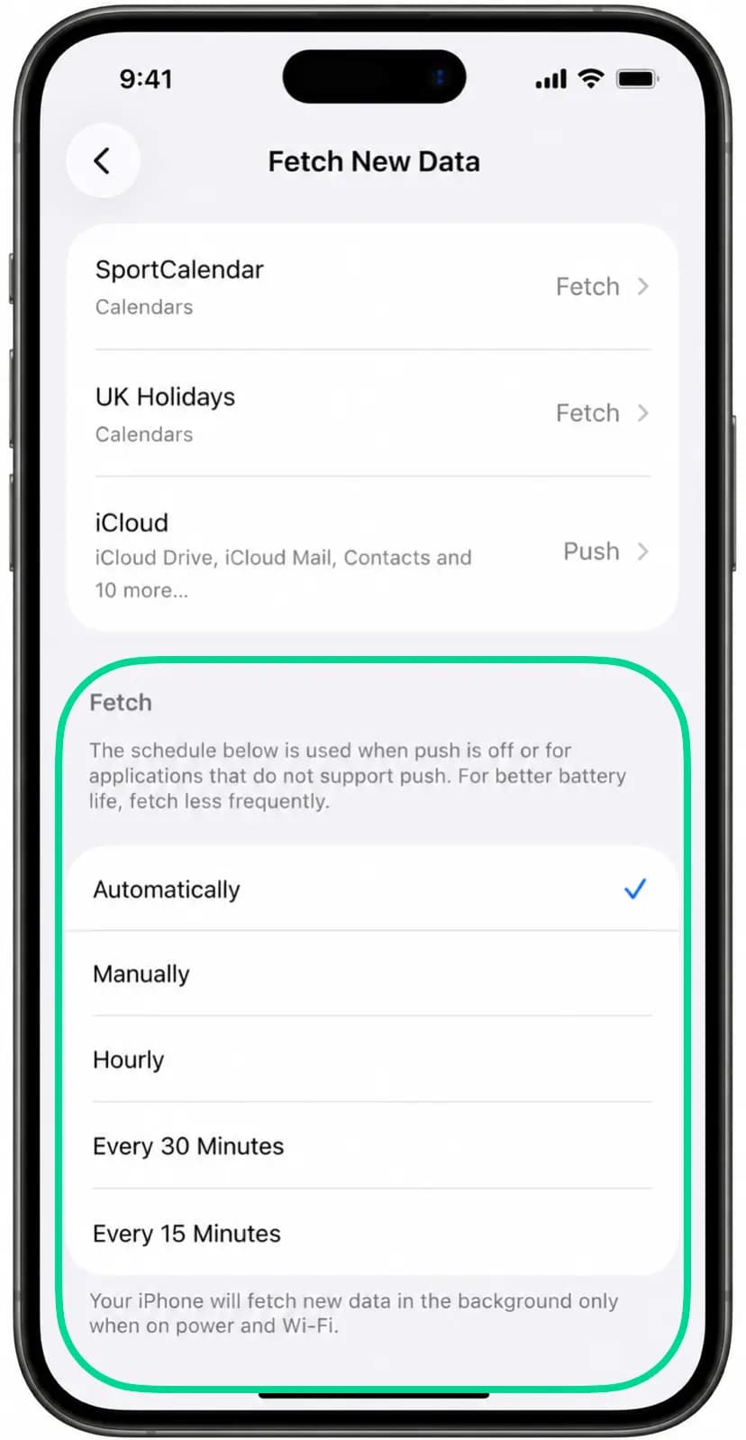 Calendar app showing fetch settings