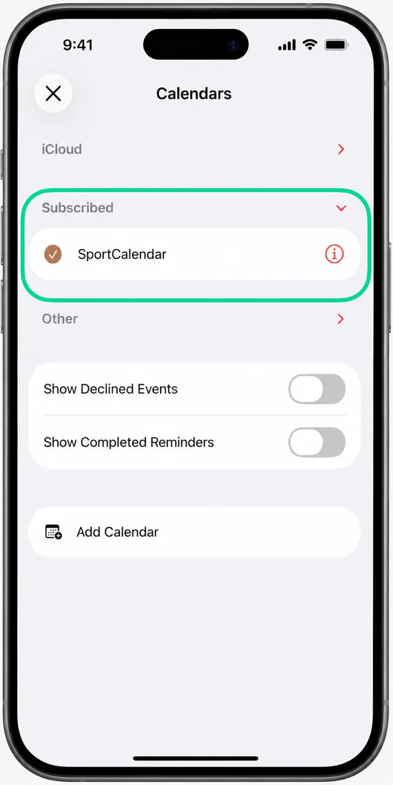 Calendar app showing the subscribed SportCalendar calendar in the list of calendars