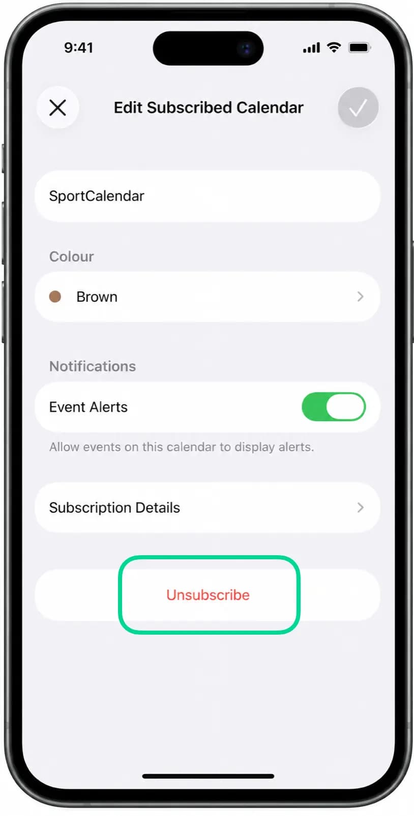 Calendar app showing unsubscribing from the SportCalendar calendar