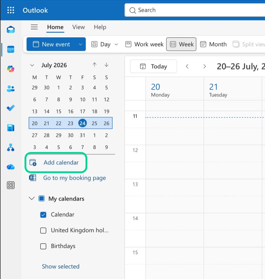 Outlook Calendar on the web with the Add calendar option visible