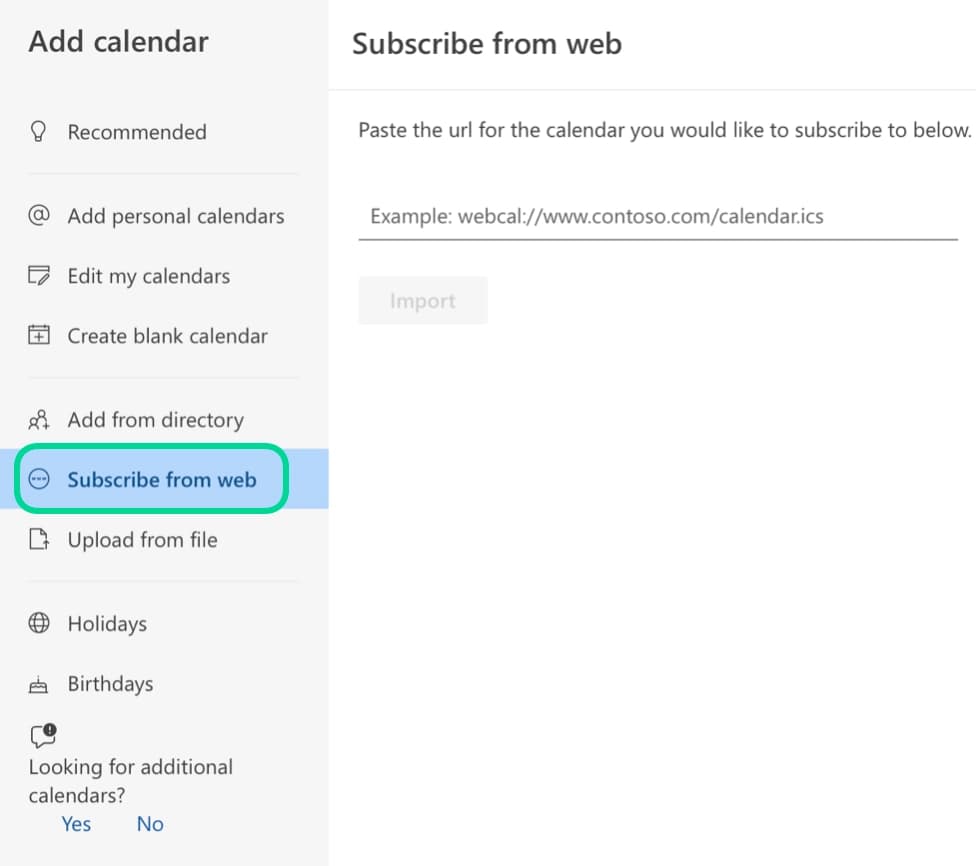 Outlook Add calendar dialog with Subscribe from web selected