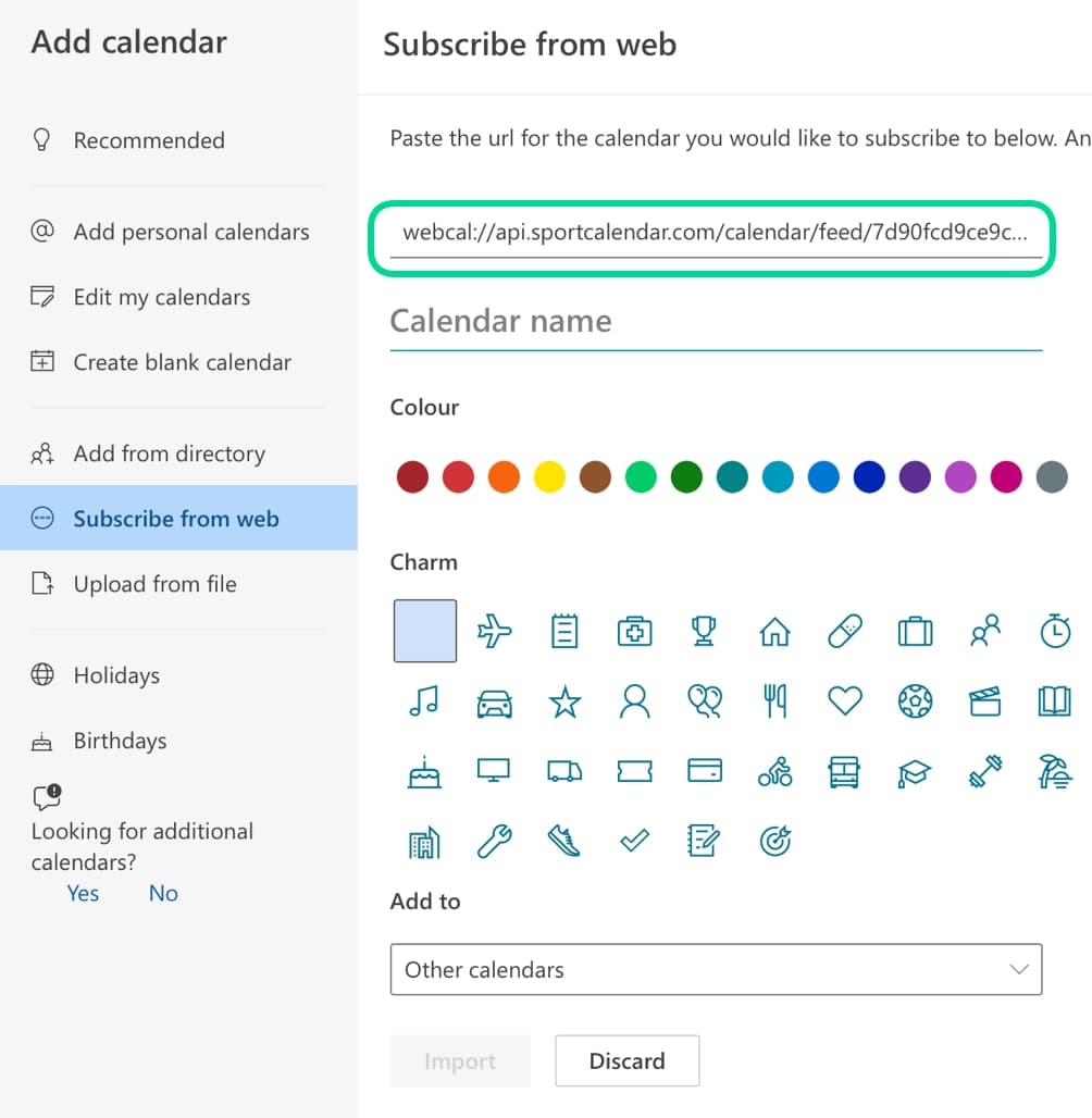Outlook Subscribe from web dialog with a SportCalendar webcal URL entered