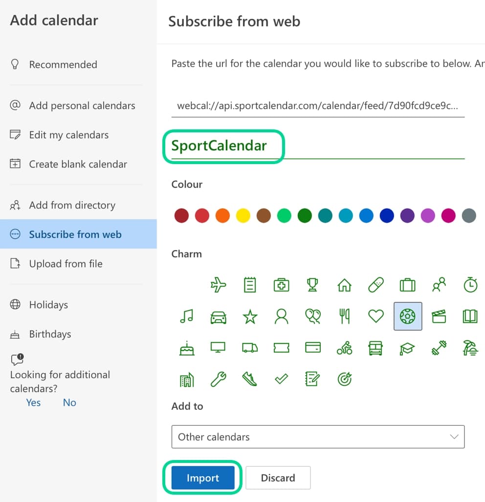 Outlook Subscribe from web dialog with calendar name, colour, icon and Import button