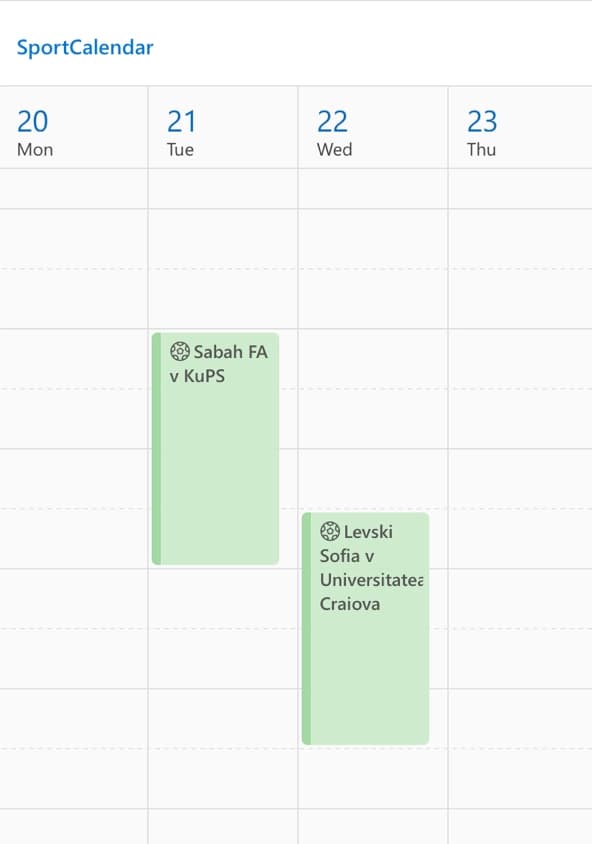 Outlook Calendar showing SportCalendar events after the subscription has been added