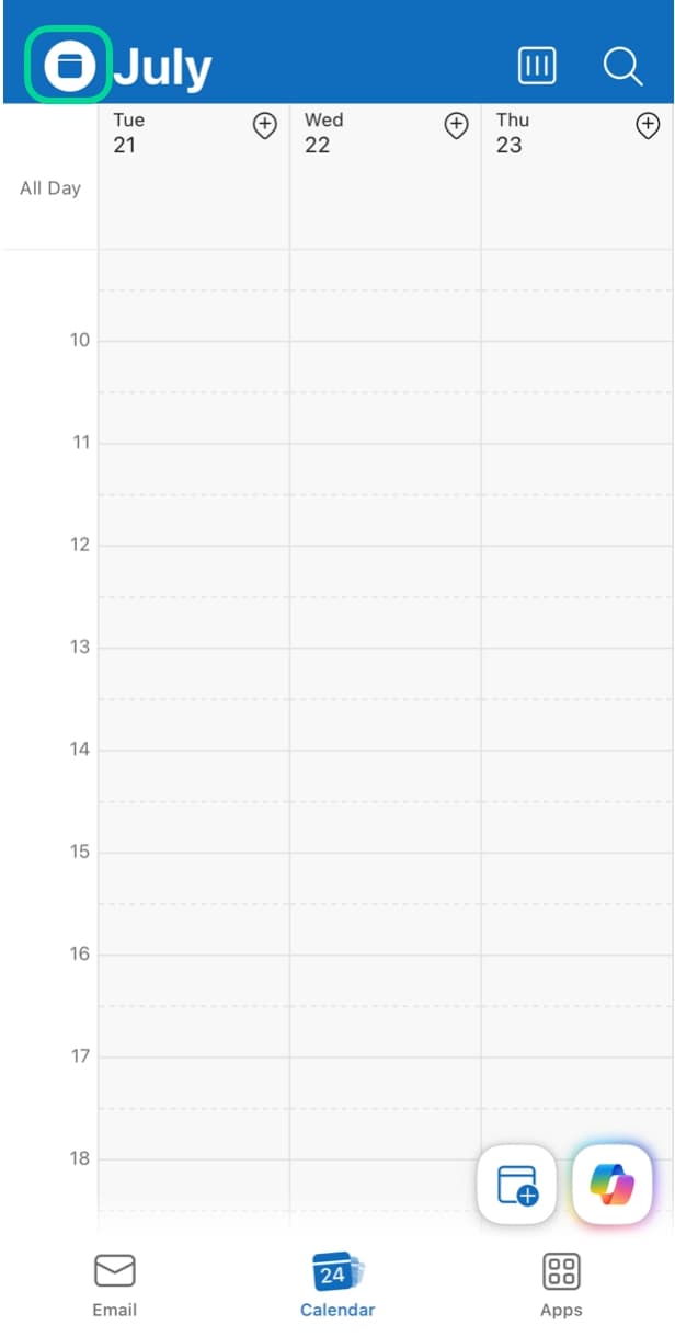 Outlook mobile calendar with the side menu open