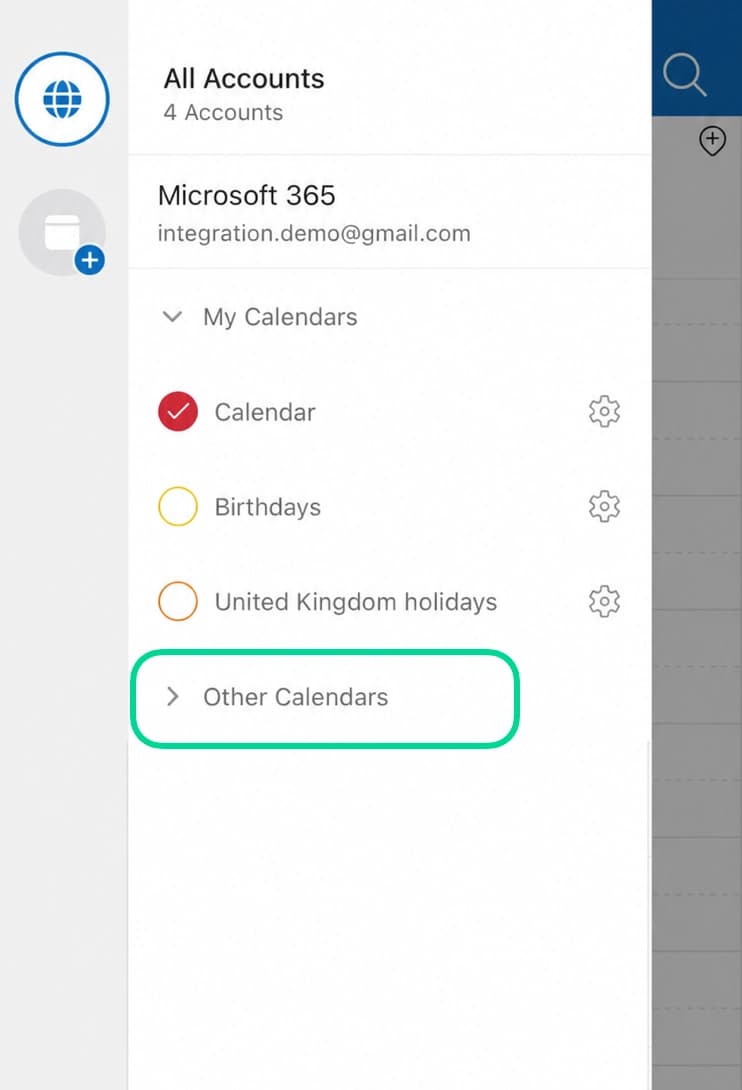 Outlook mobile side menu with Other Calendars expanded