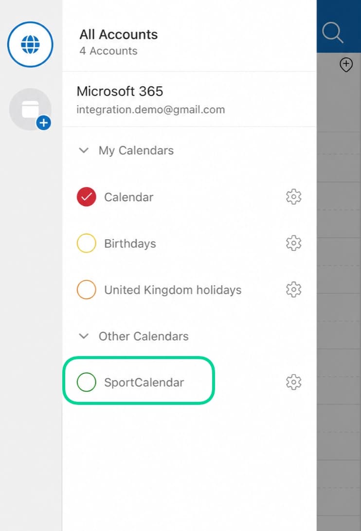 Outlook mobile Other Calendars section showing SportCalendar