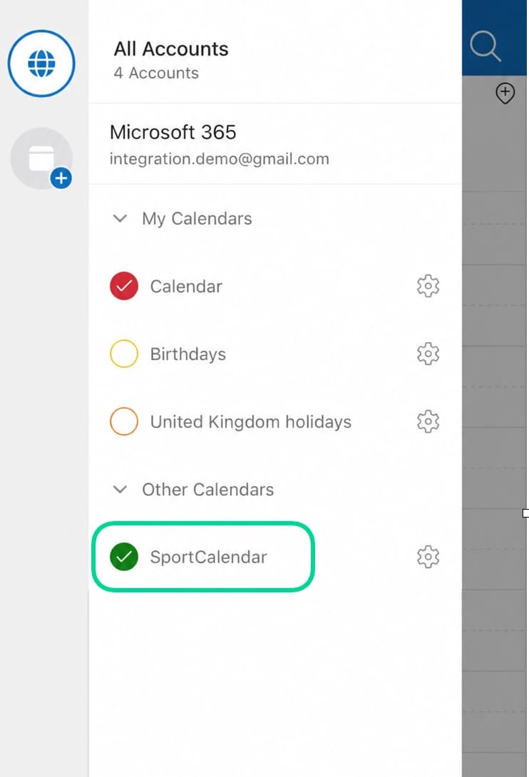 Outlook mobile Other Calendars section with SportCalendar enabled