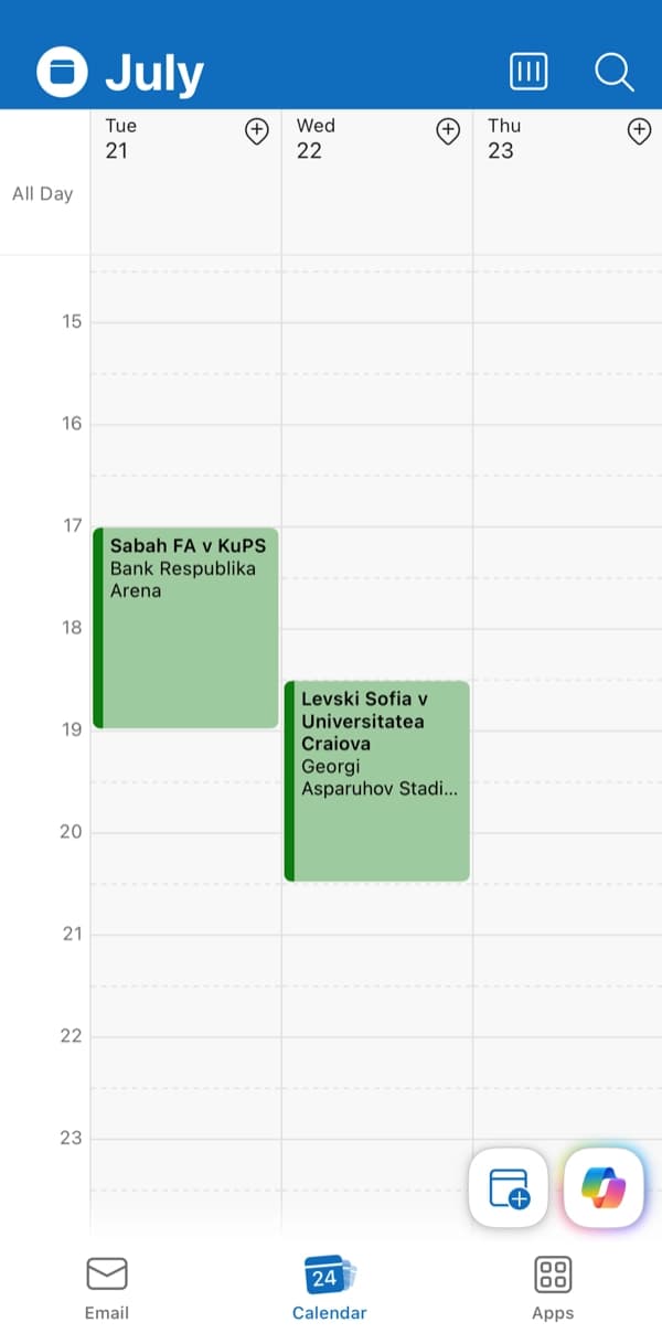 Outlook mobile calendar showing SportCalendar events