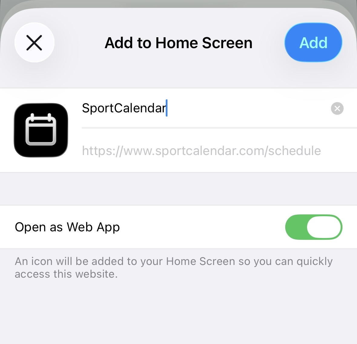 iPhone Add to Home Screen confirmation for SportCalendar