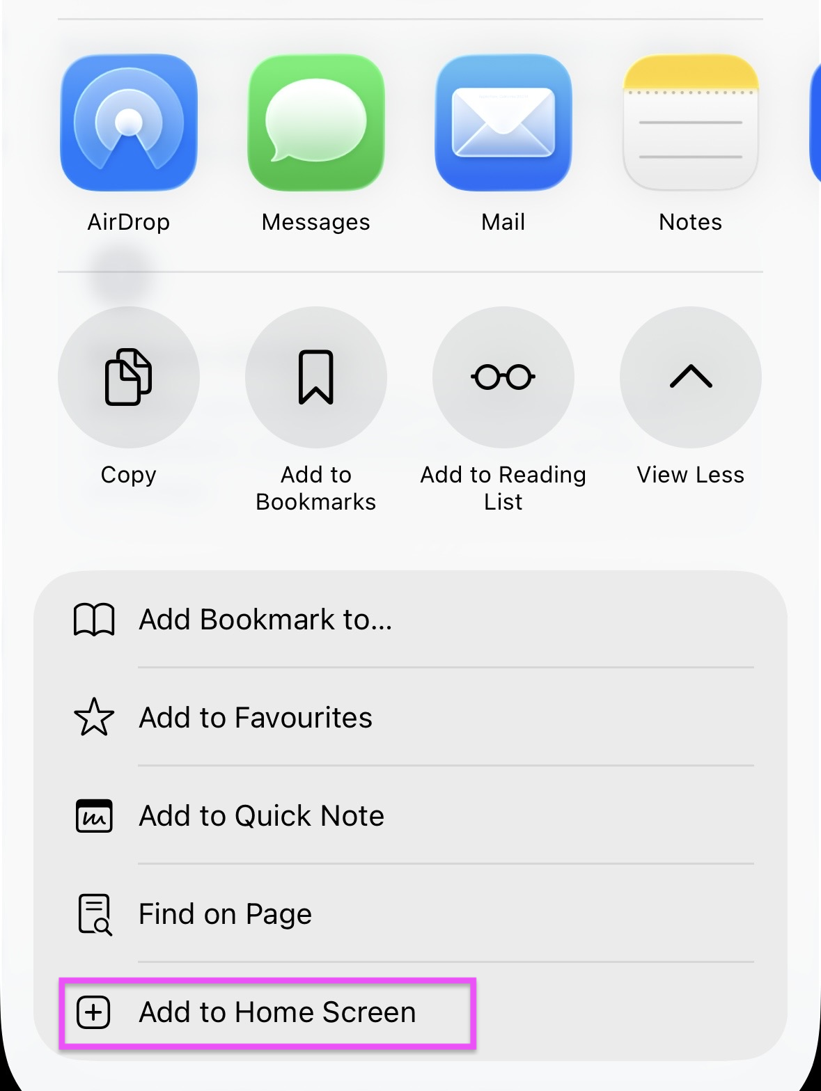 iPhone Safari share menu showing the Add to Home Screen action
