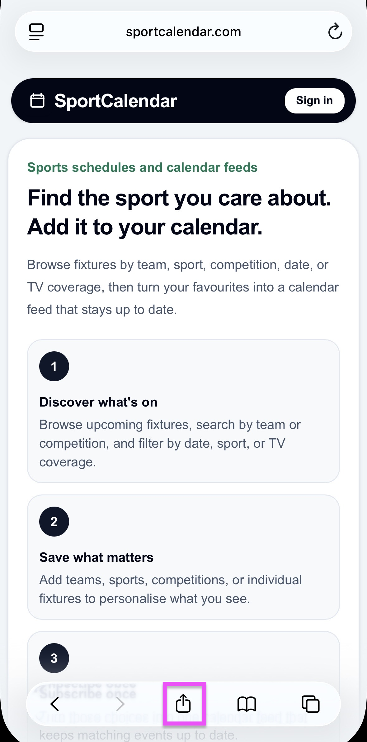 SportCalendar website open in Safari on an iPhone