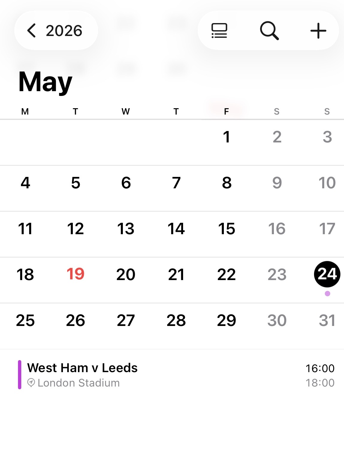 iPhone calendar view showing subscribed SportCalendar events