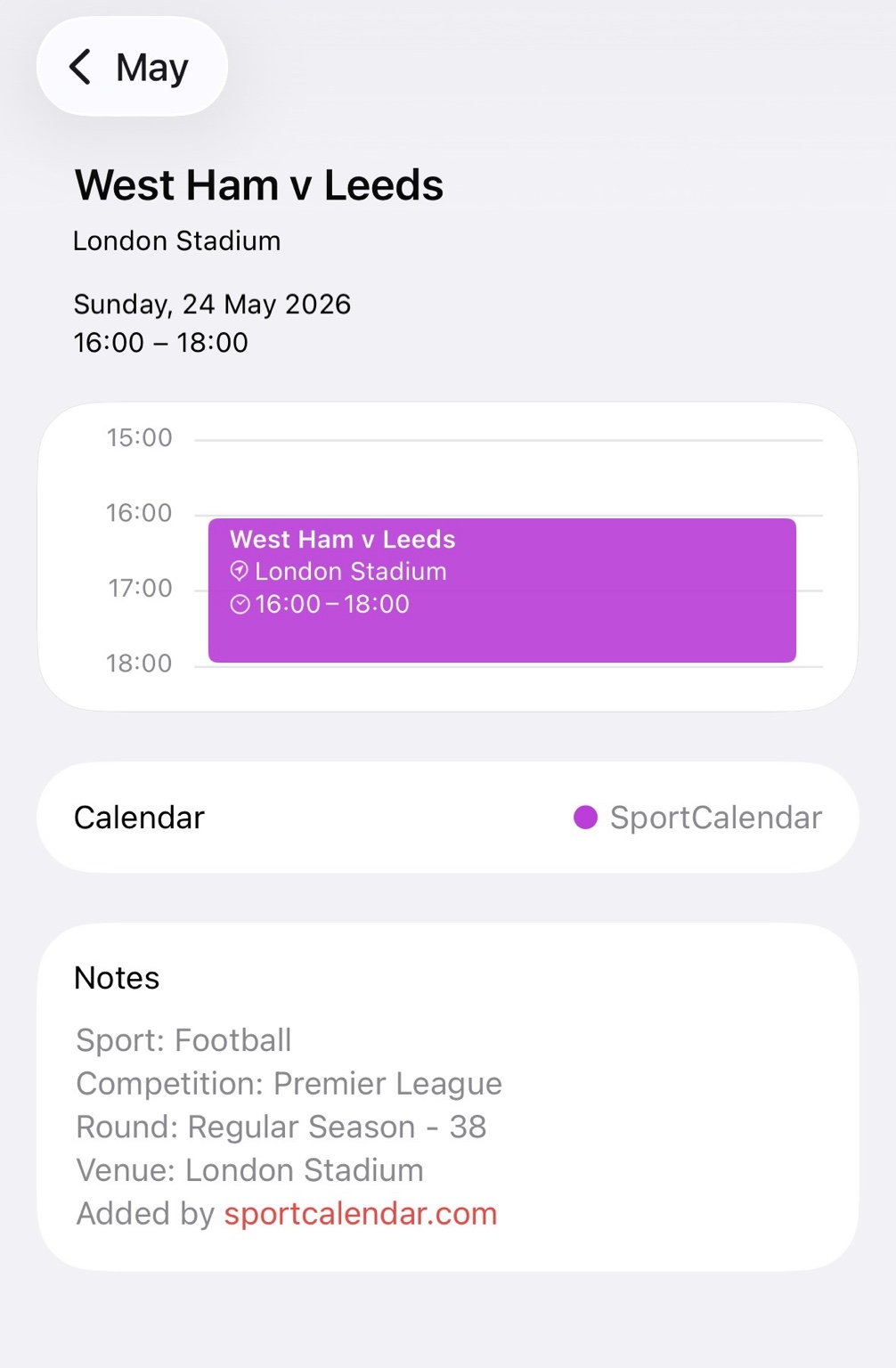iPhone calendar event details for a subscribed sports fixture