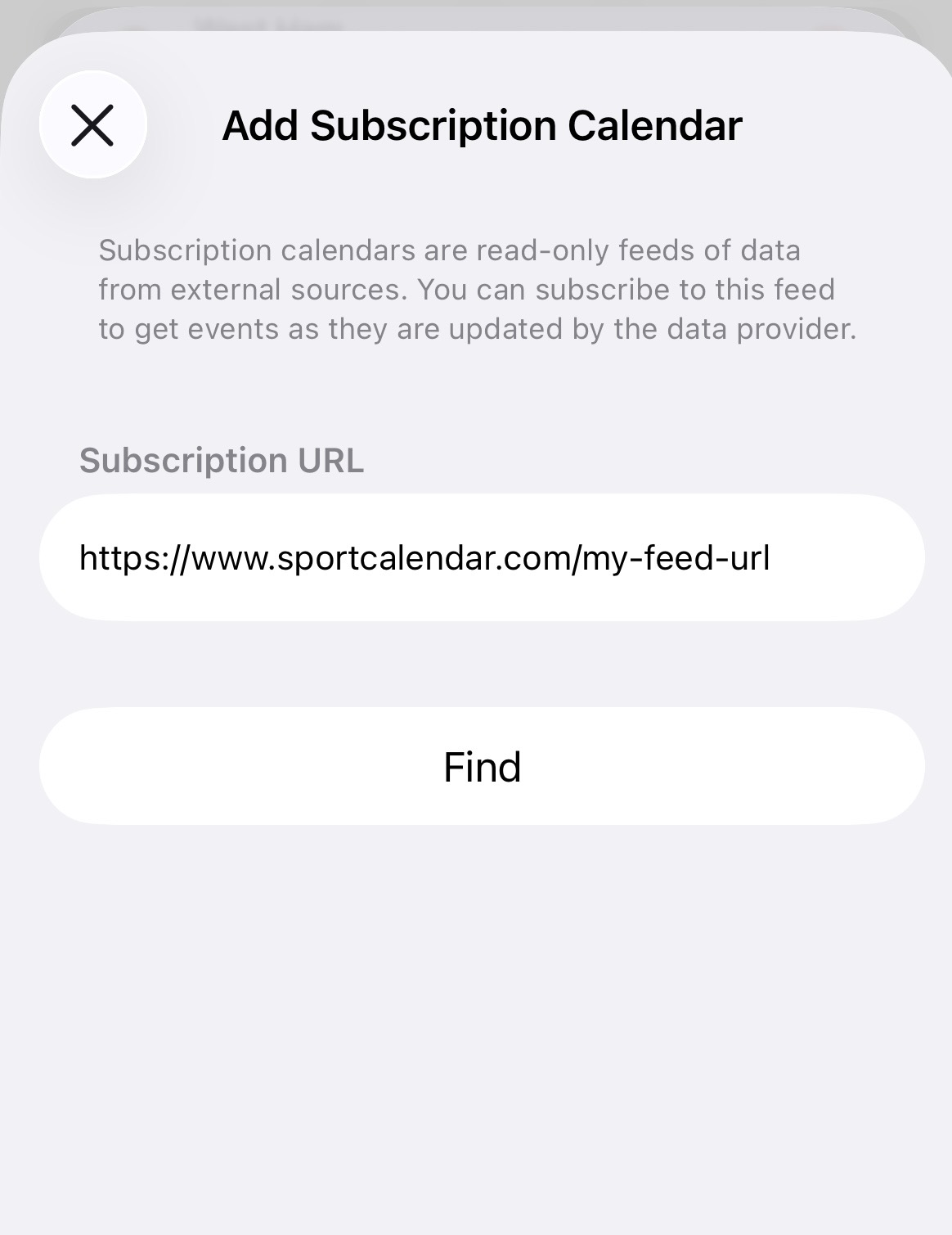 iPhone calendar subscription screen for a SportCalendar feed