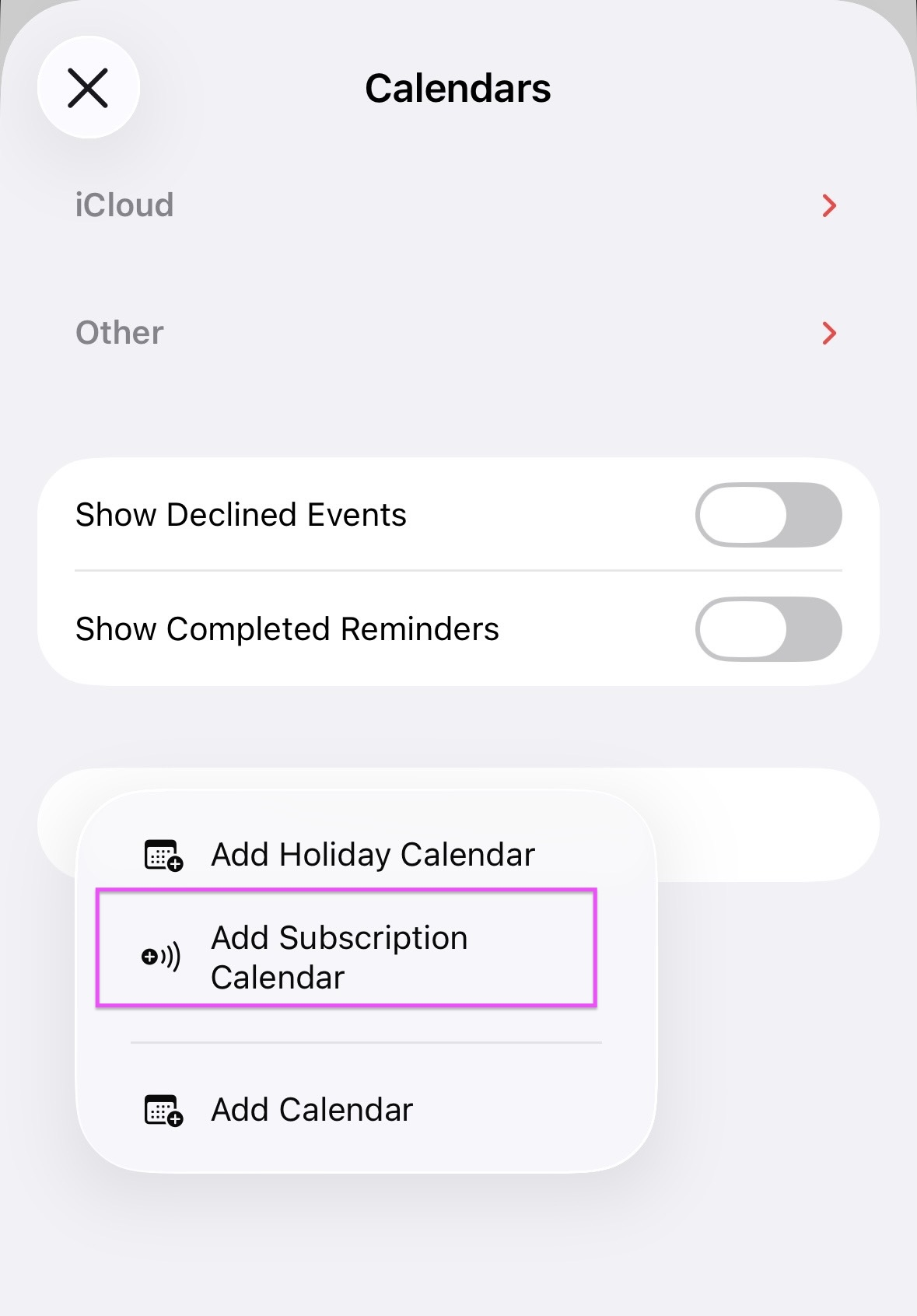 iPhone Calendar app showing the Add Subscription Calendar option